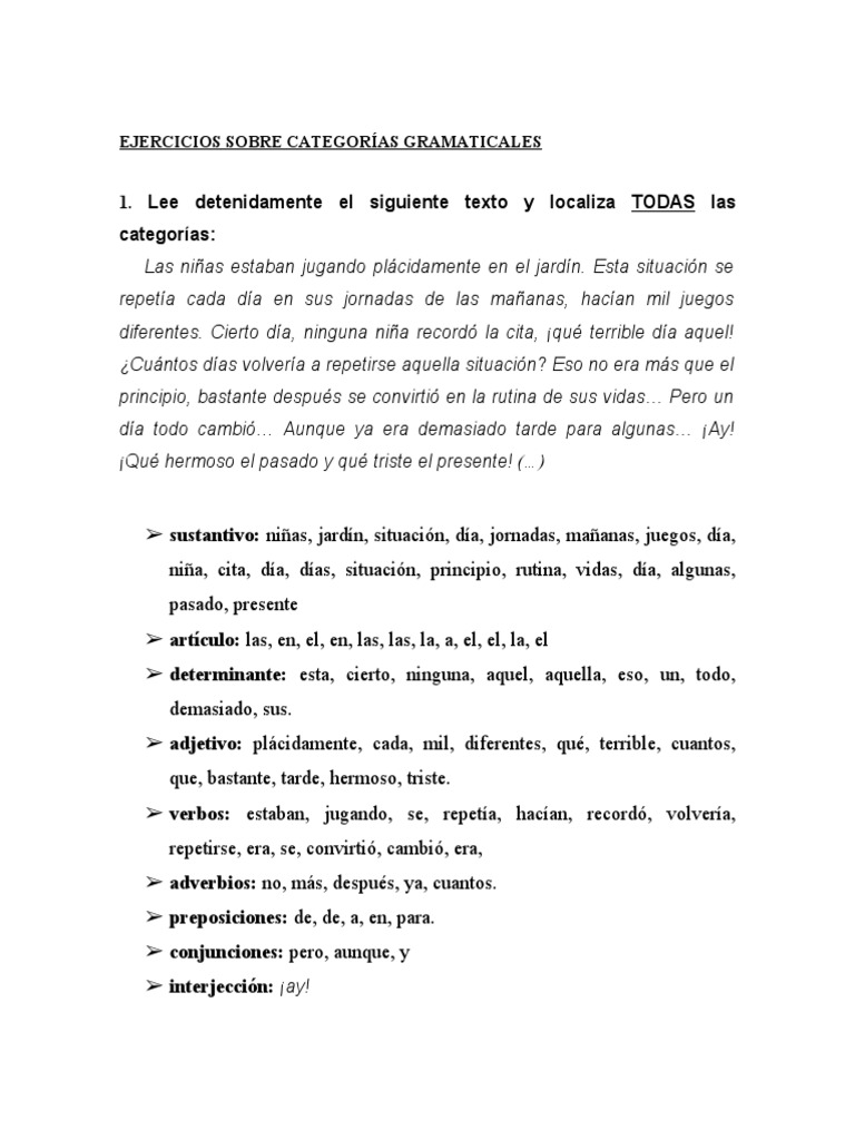 Ejercicios de categorías gramaticales | PDF