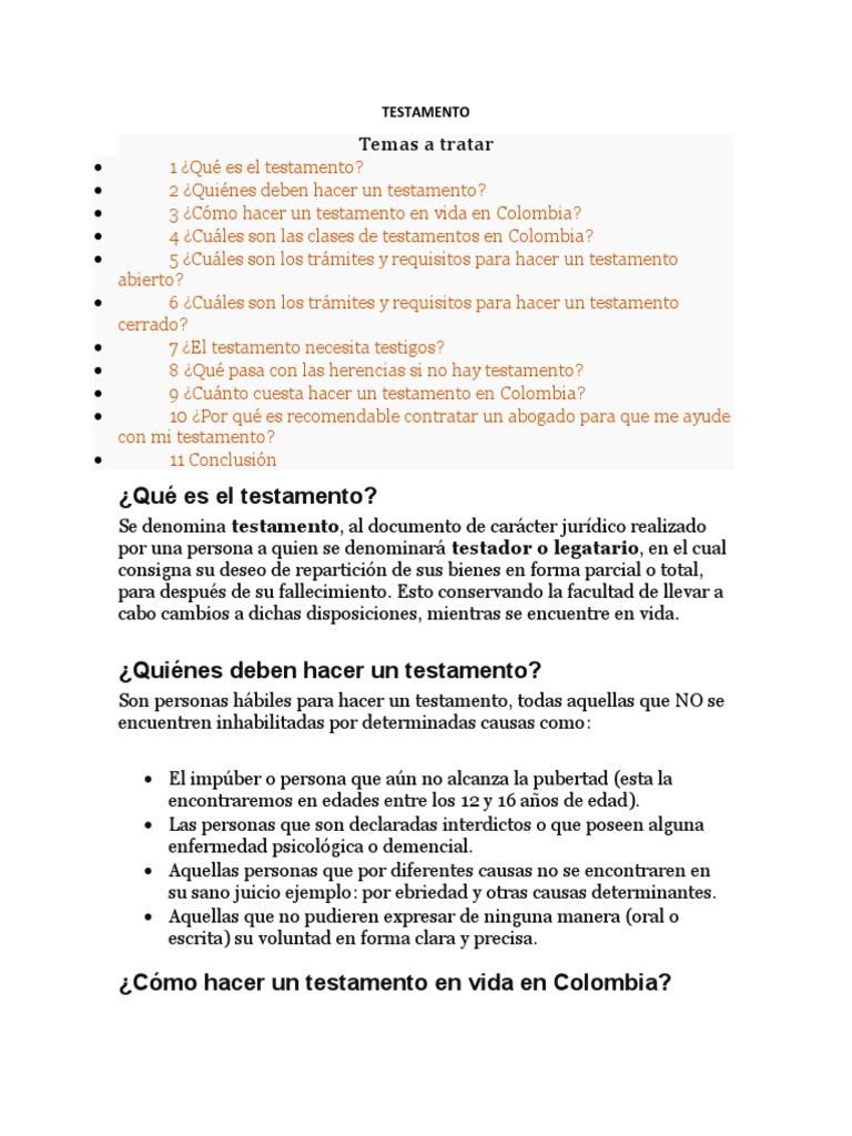 Cómo hacer un testamento en Colombia | PDF | Voluntad y testamento ...