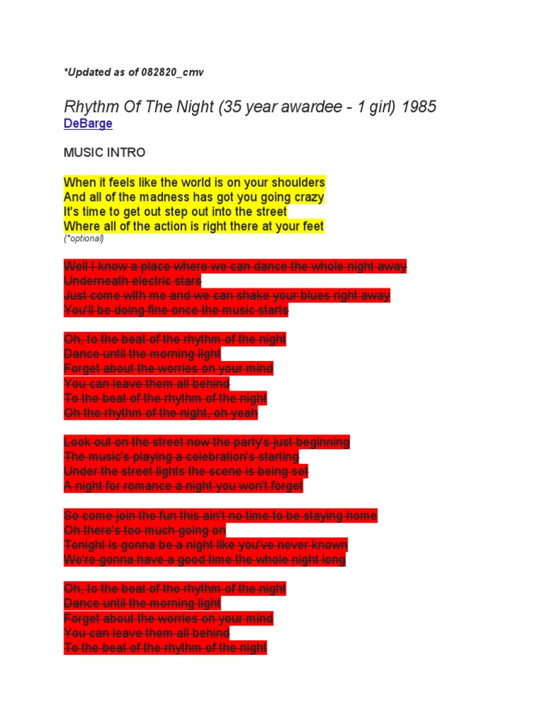Rhythm of The Night (35 Year Awardee - 1 Girl) 1985: Debarge | PDF