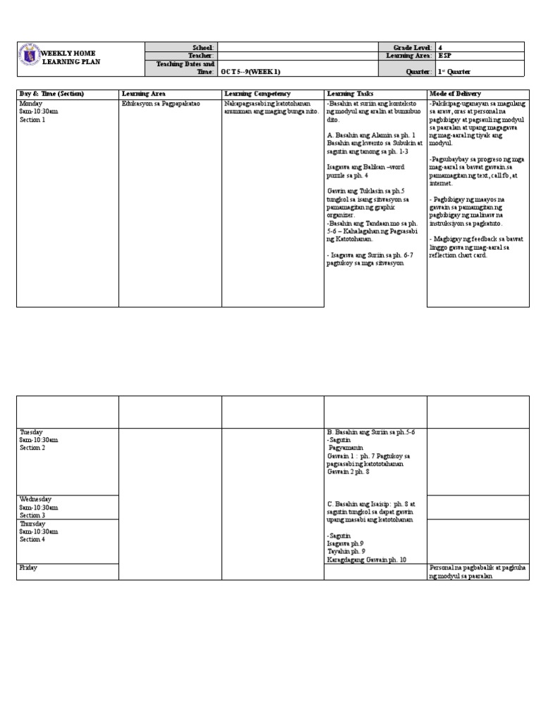 ESP Grade 4 Weekly Home Learning Plan - For Modular 1st Quarter-1st ...
