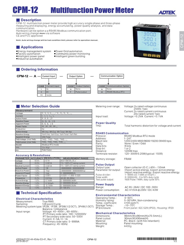 Multifunction Power Meter: Description | PDF | Alternating Current | Ac ...