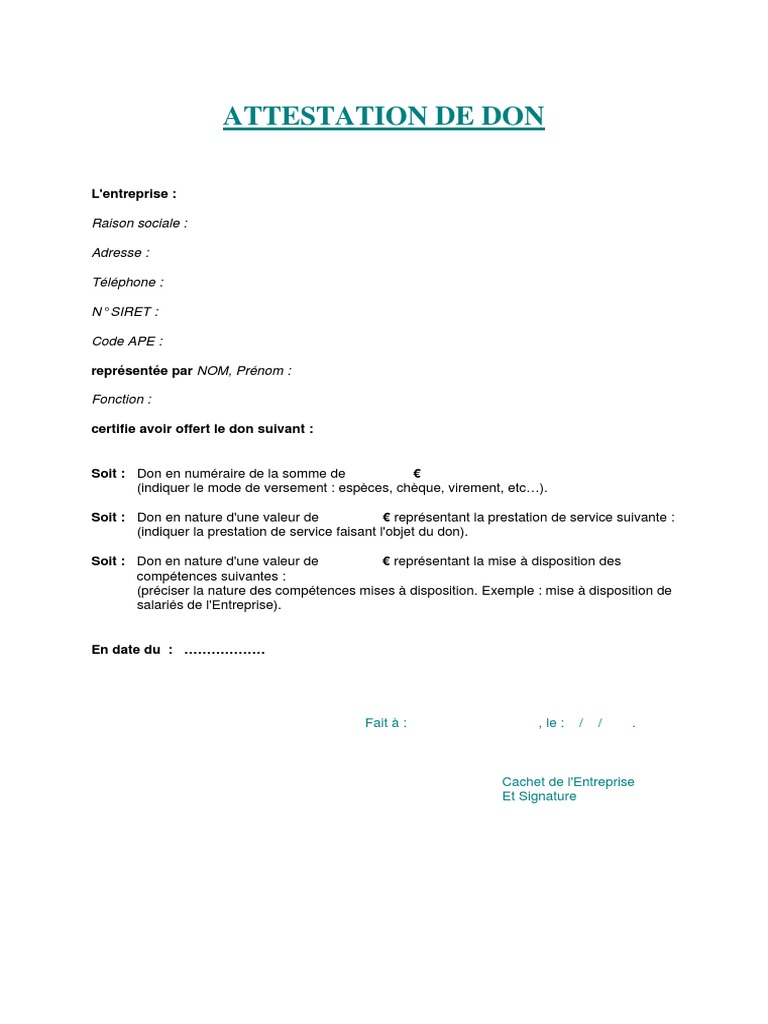 Modele Attestation de Don PDF