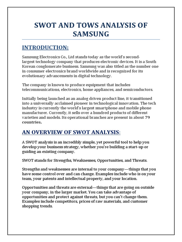 Swot and Tows Analysis of Samsun2 | PDF | Samsung Electronics | Smartphone