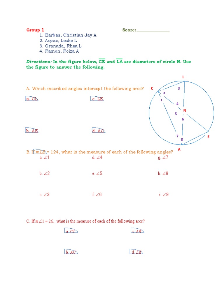 Inscribed Angles and Arcs Worksheet | PDF | Equations | Geometry