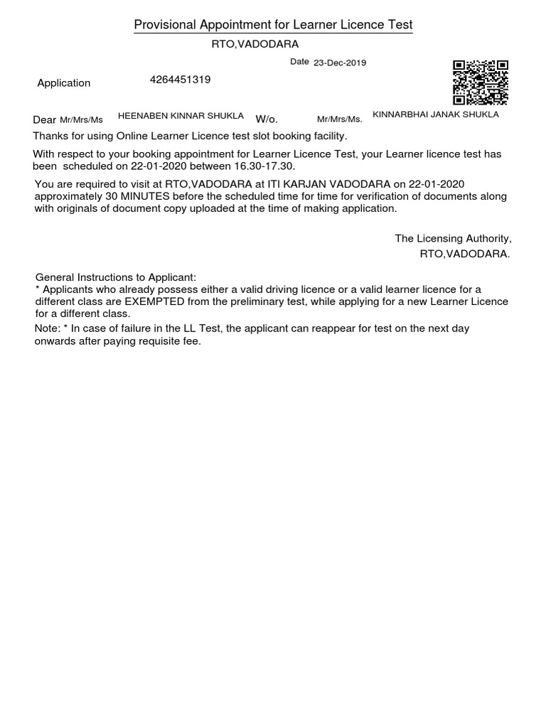 Provisional Appointment For Learner Licence Test: 23-Dec-2019 Date | PDF
