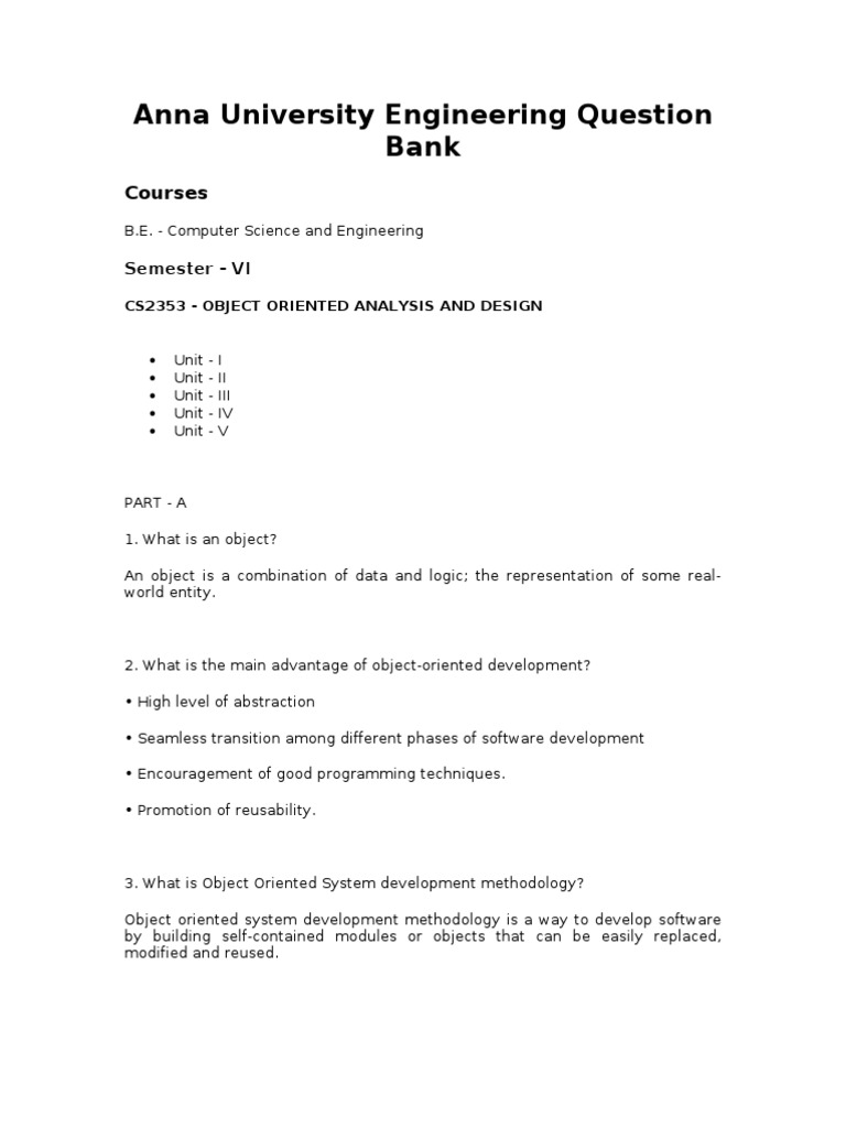 Anna University Engineering Question Bank PDF Unified Modeling Language Object