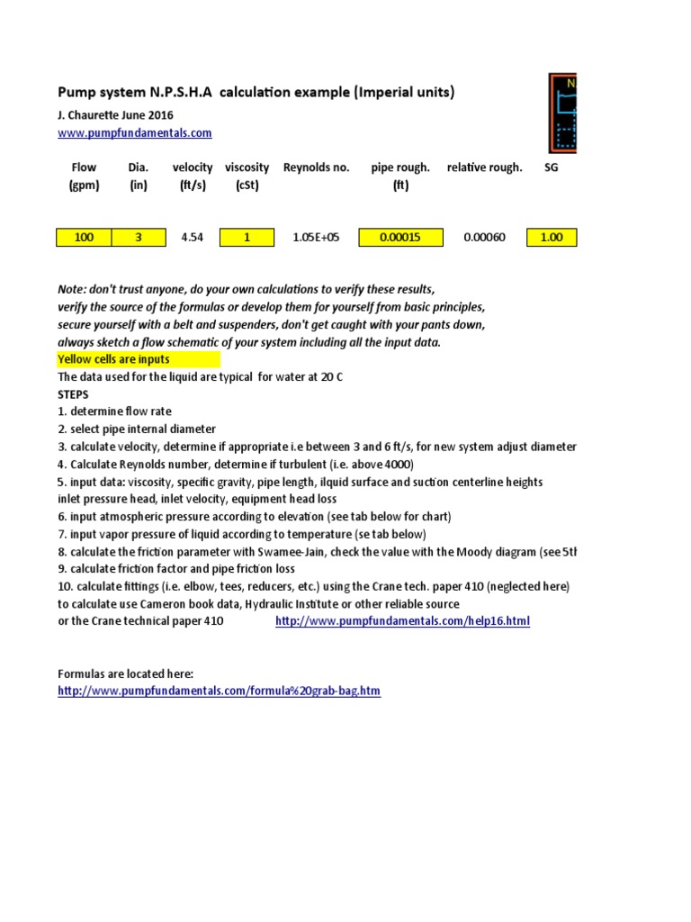 Npsha Calc Example | PDF | Reynolds Number | Fluid Mechanics