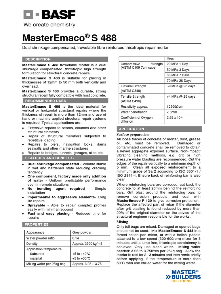 BASF MasterEmaco S488 | PDF | Concrete | Corrosion