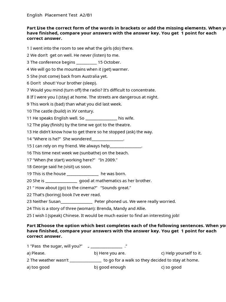 English Placement Test A2/B1 | PDF