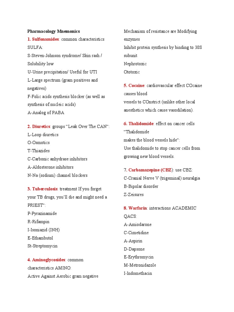 Pharmacology Mnemonics MNEMOMICS | PDF | Norepinephrine | Drugs Acting ...
