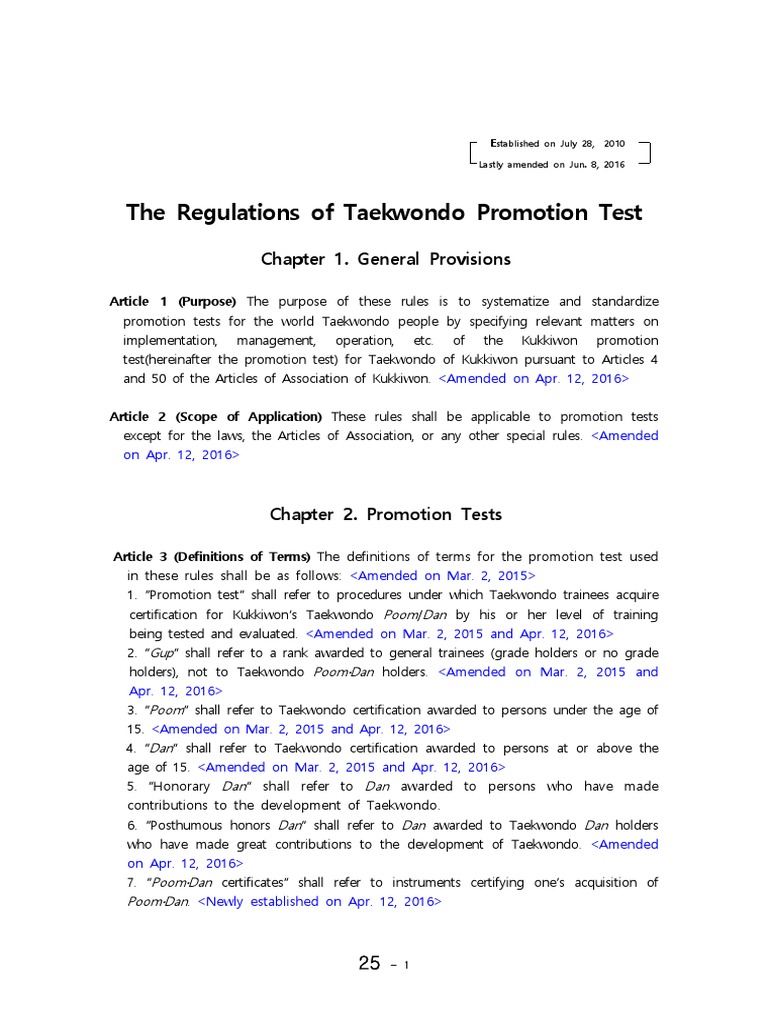 Regulations on Taekwondo Promotion Tests Requirements, Procedures, and