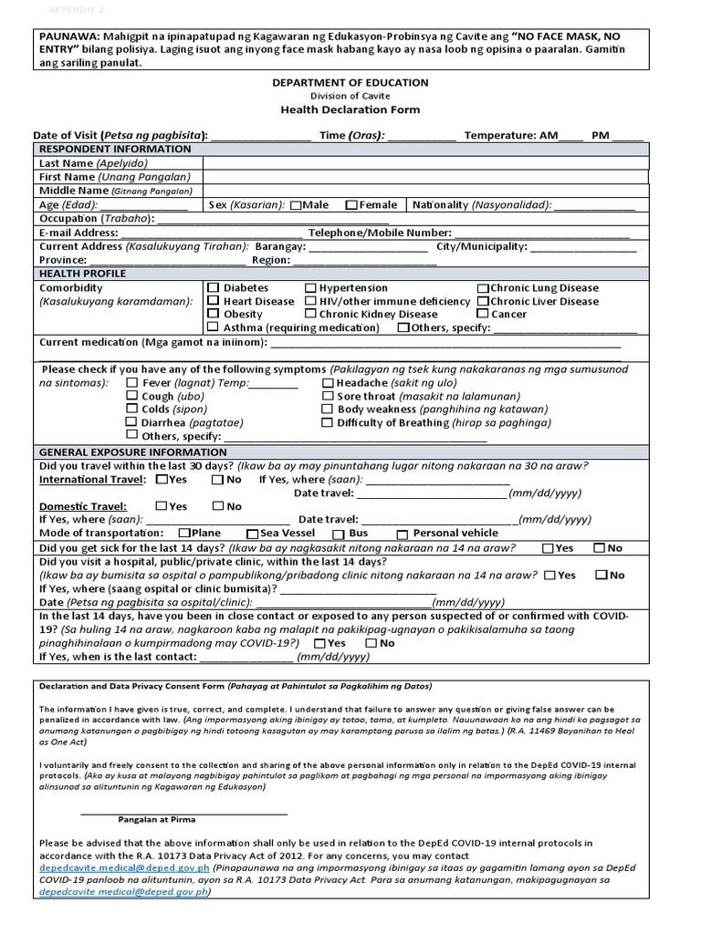 Health Declaration Form: Depedcavite - Medical@deped - Gov.ph | PDF ...