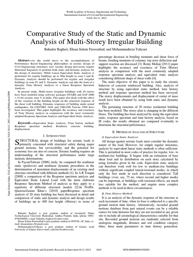 Comparative Study of The Static and Dynamic Analysis of Multi Storey ...