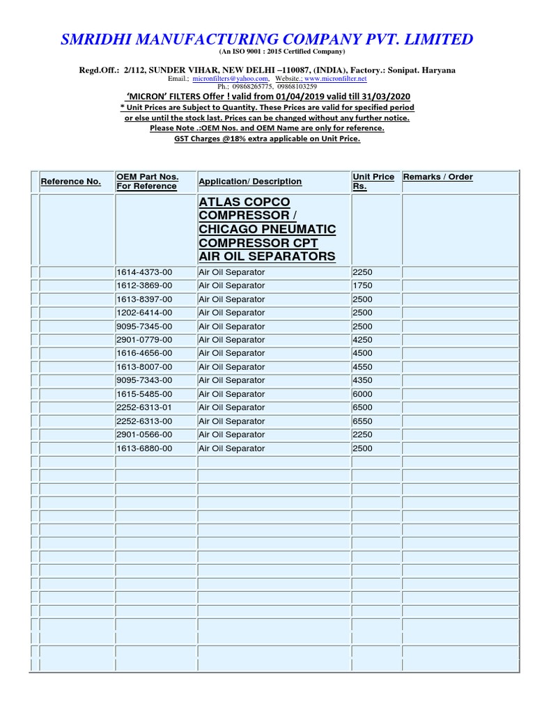 Compressor Filter Price List 2019-2020 | PDF | Sustainable Technologies ...