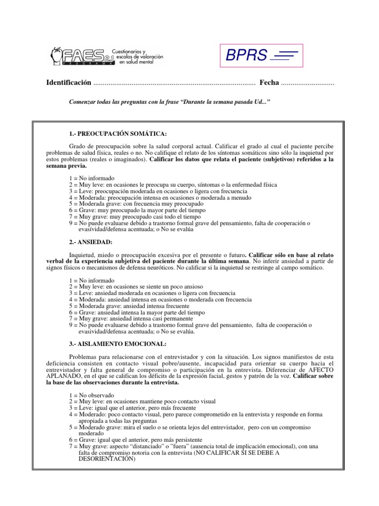 Escala BPRS de Evaluación Psiquiátrica | PDF | Ansiedad | Engaño
