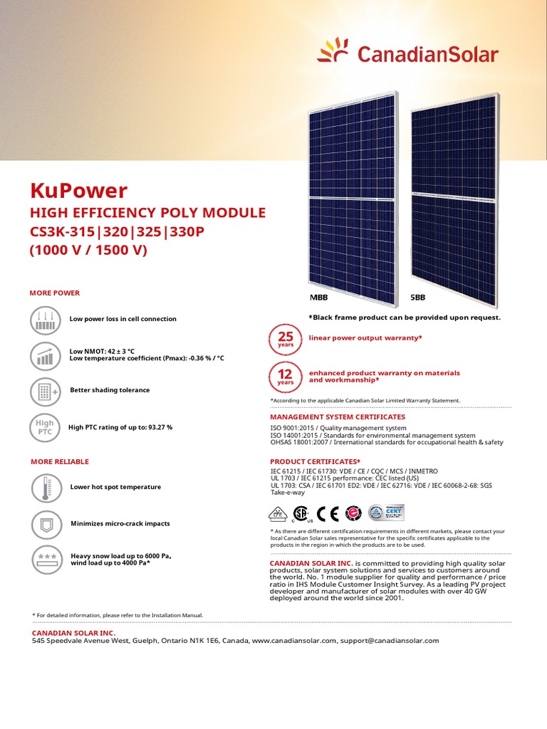 Canadian Solar CS3K 320 WP Datasheet | PDF | Solar Panel | Photovoltaics