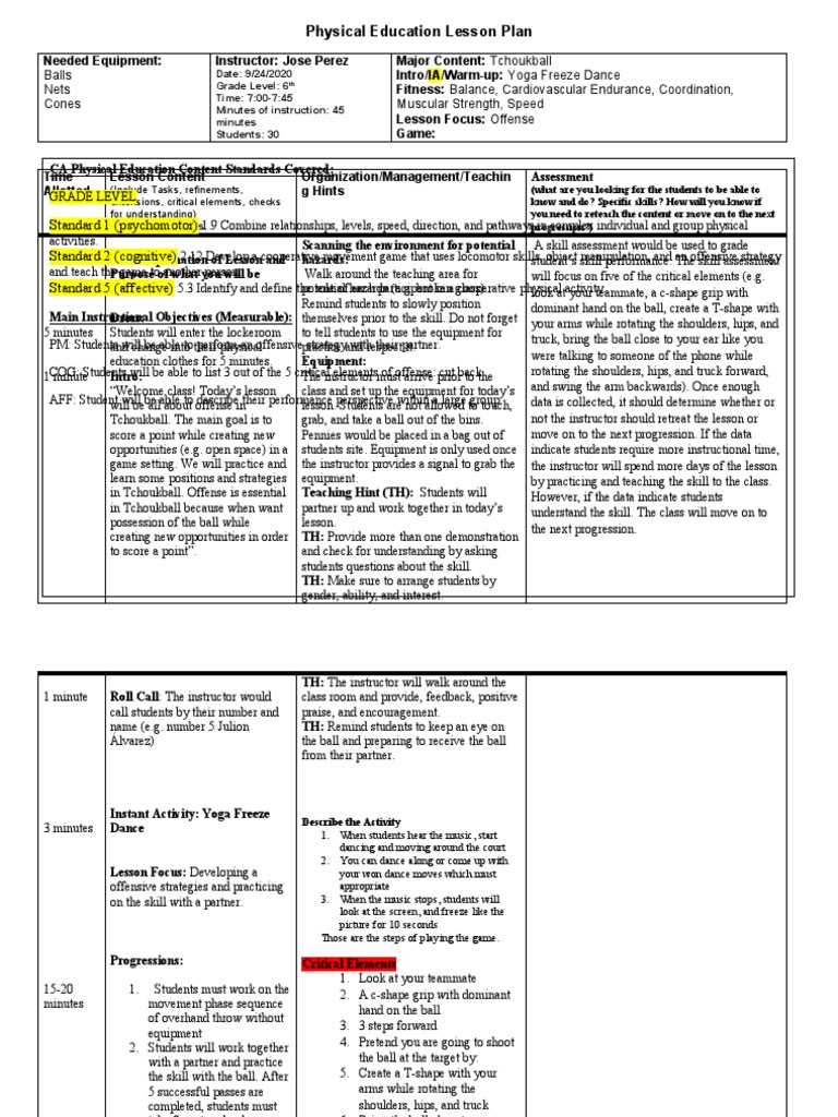 Tchoukball Offense Lesson Plan for 6th Grade | PDF | Physical Education ...