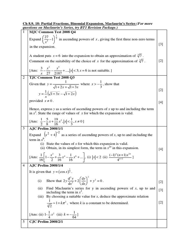 Chapter 08 9 18 Partial Fractions Binomial Expansion Maclaurin Series Pdf Mathematical Analysis Analysis