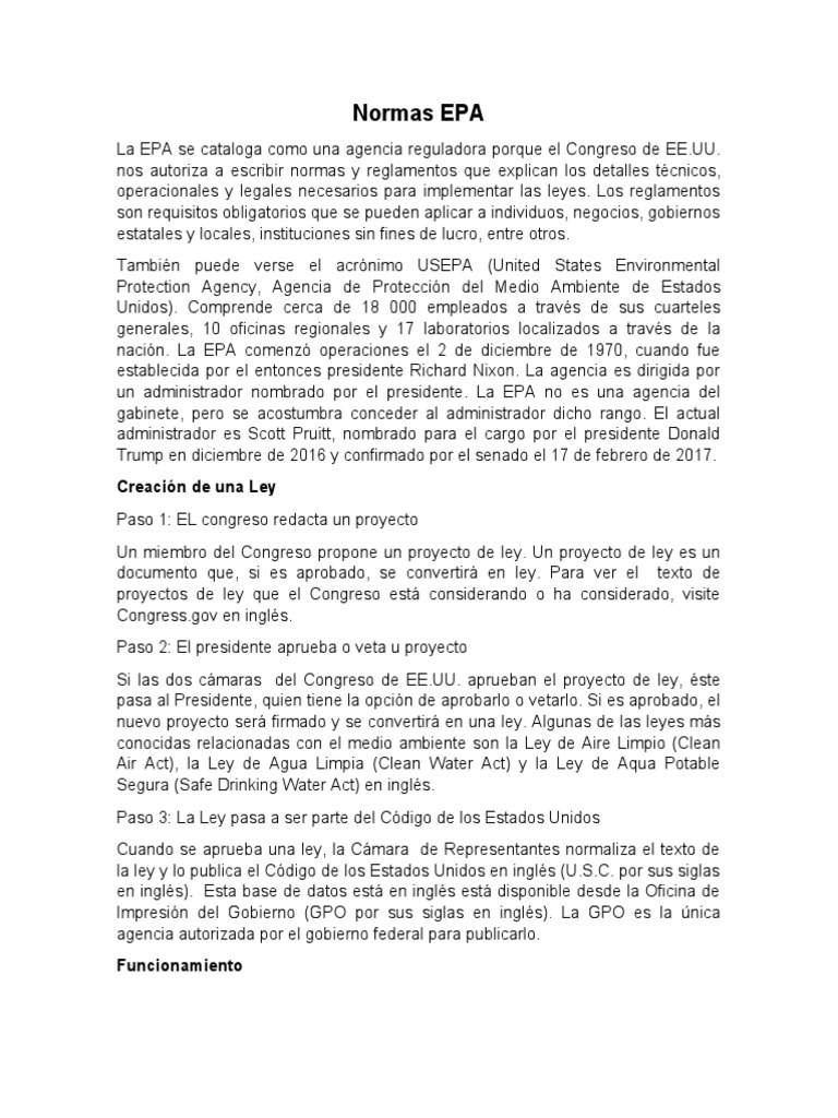 Normas de la EPA y su Creación | PDF | agencia de Proteccion Ambiental ...