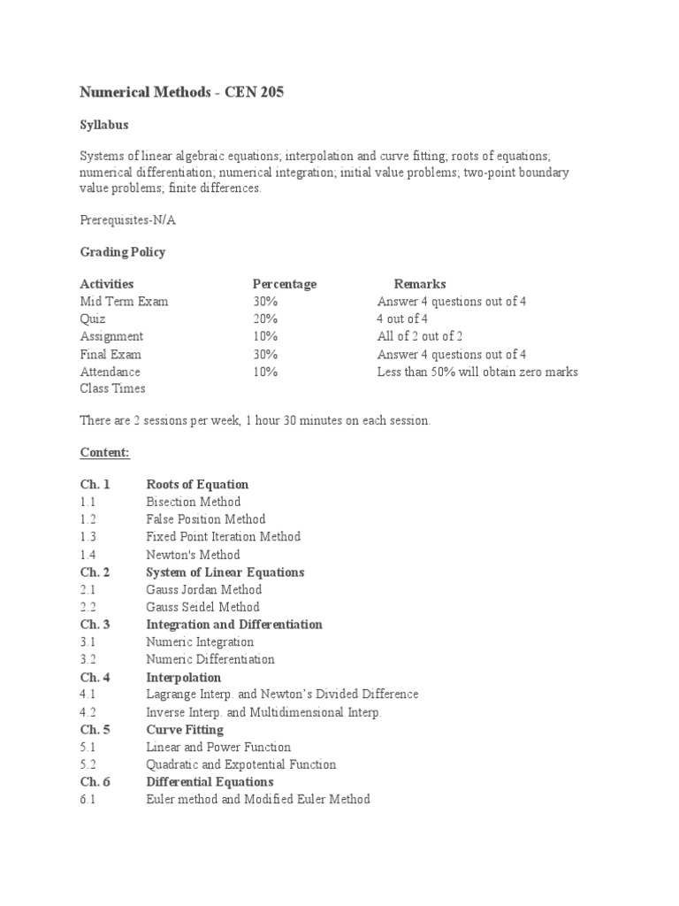 Numerical Methods - CEN 205: Syllabus | PDF