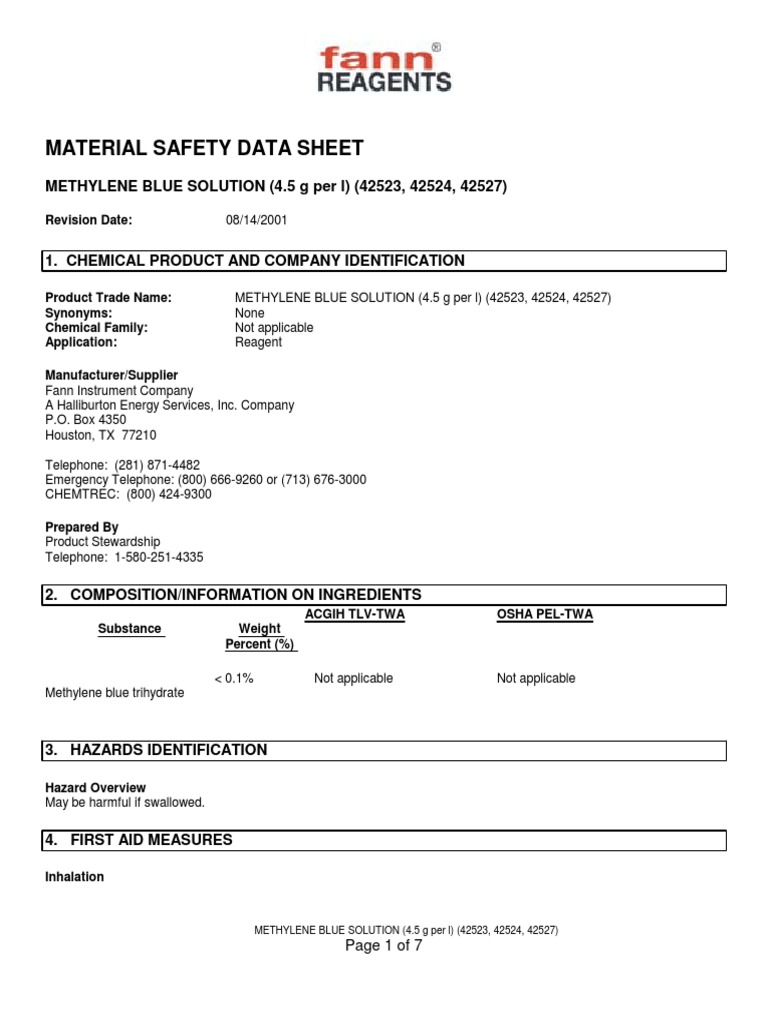Material Safety Data Sheet METHYLENE BLUE SOLUTION (4.5 G Per L