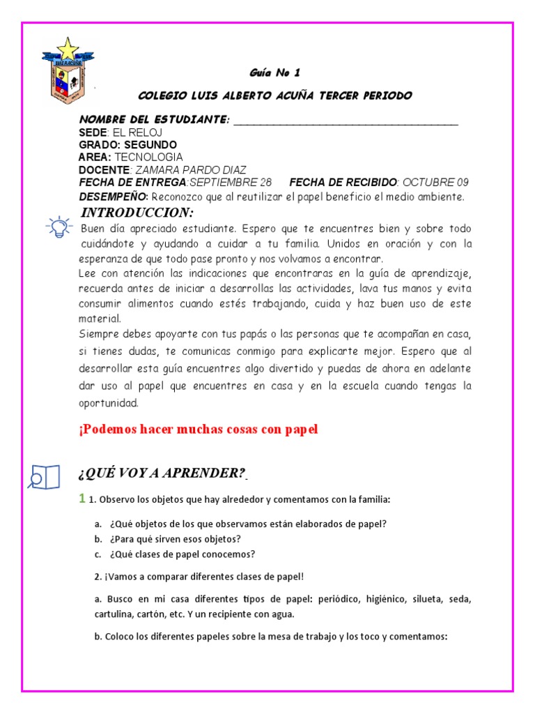 Guía No 1 Tecnología Grado Segundo Pdf Papel Materiales