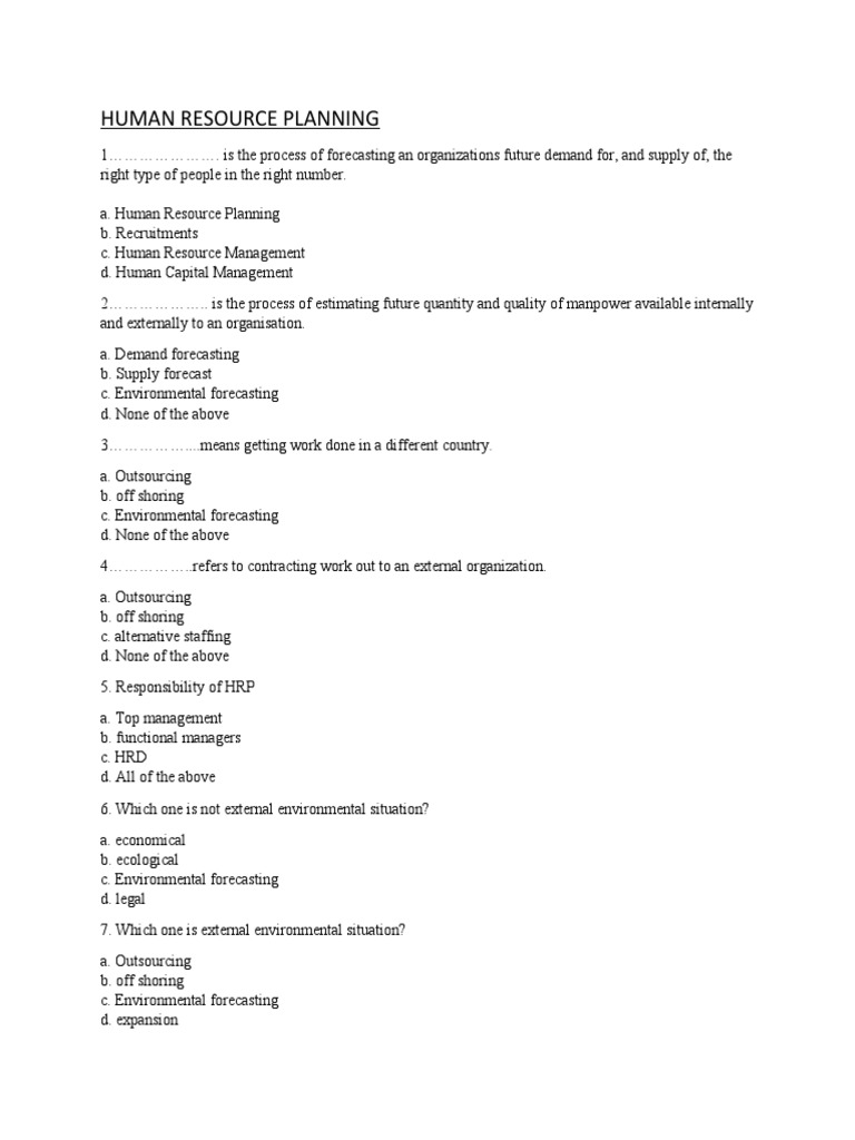 HumanResourcePlanning MCQ PDF Human Resource Management Human