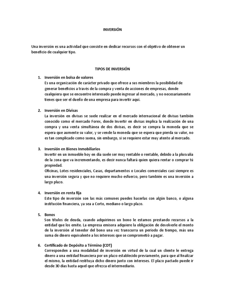 Tipos de Inversión y Beneficios | PDF | Mercado de divisas | Inversiones