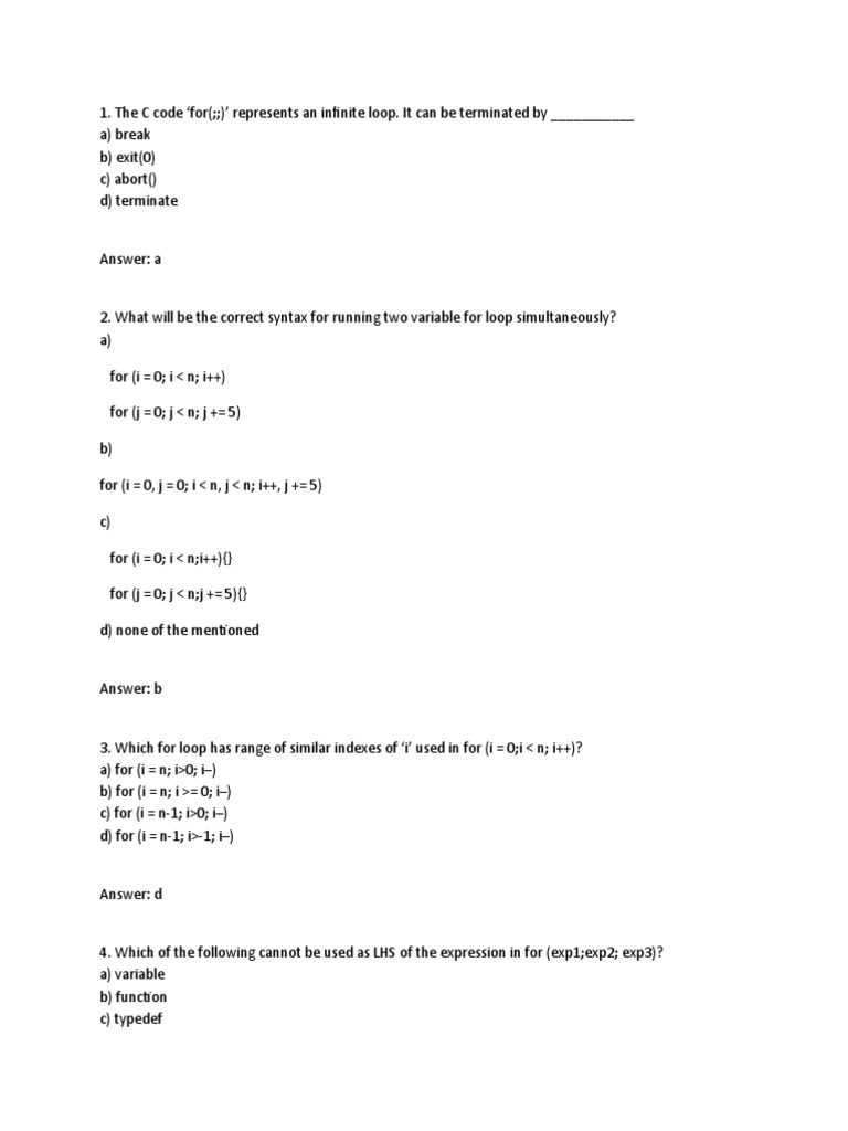 For Loop Mcq Ans Control Flow C Programming Language