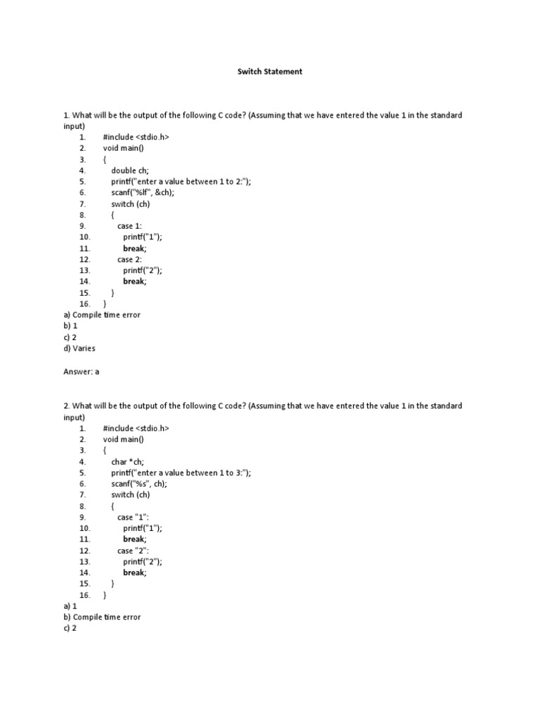 Switch Mcq Ans C Programming Language Notation