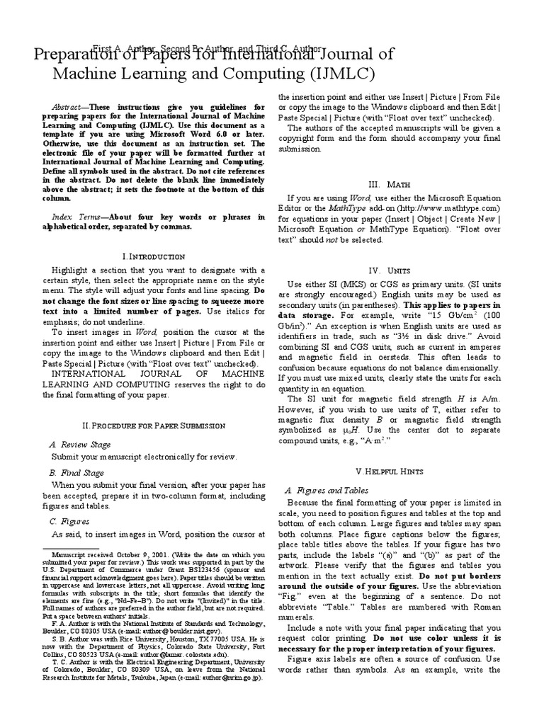 Preparation of papers for international journal of machine learning and