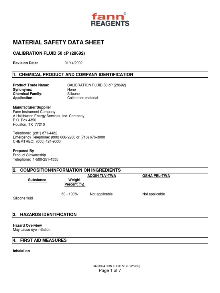 Material Safety Data Sheet Calibration Fluid 50 CP (28692) PDF