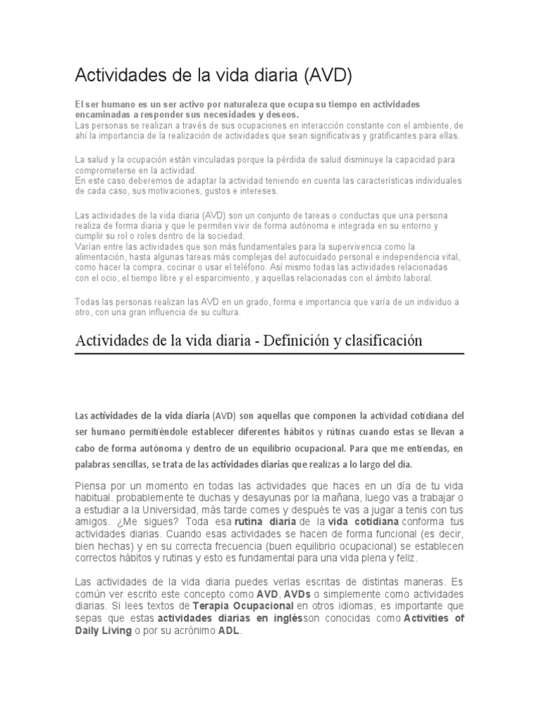 Actividades de La Vida Diaria | PDF | Terapia ocupacional | Evaluación