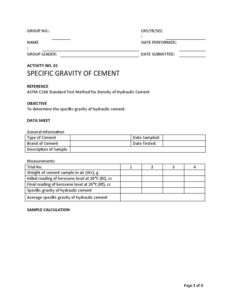 Specific Gravity of Hydraulic Cement | PDF