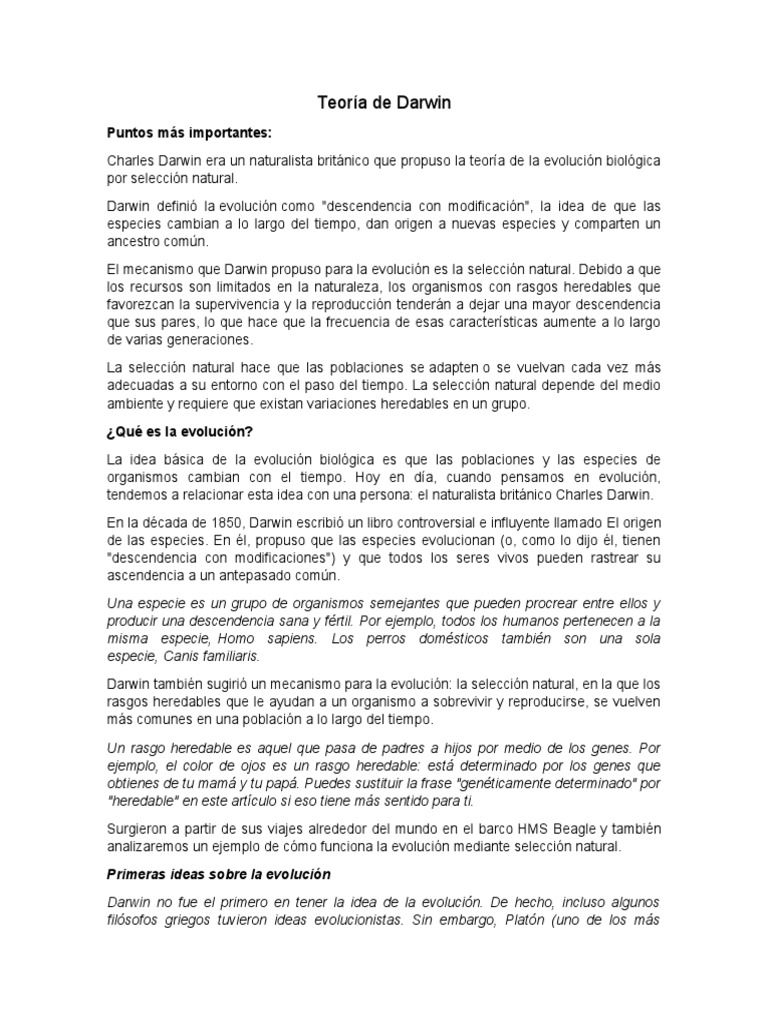 Teoria de Darwin | PDF | Seleccion natural | Evolución