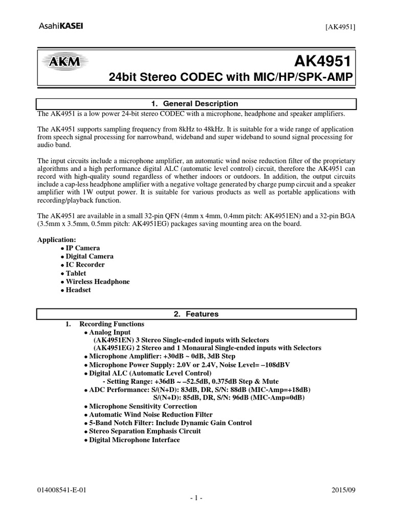 AK4951 24-bit Stereo CODEC Overview | PDF | Microphone | Amplifier