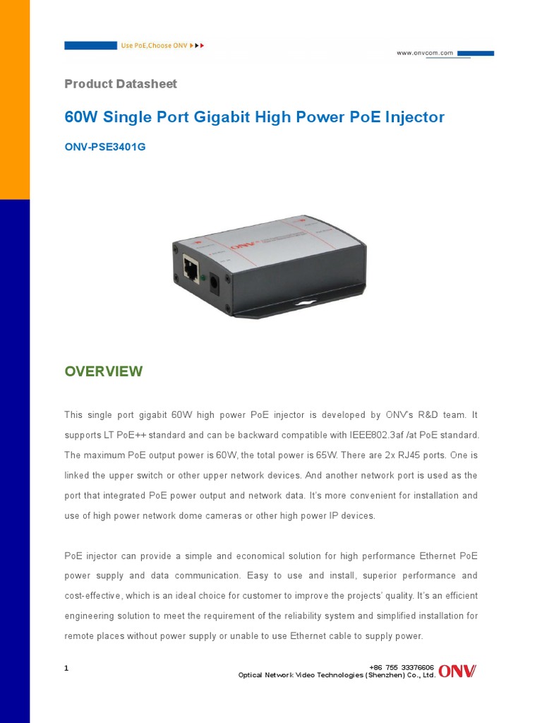 60W Single Port Gigabit High Power Poe Injector: Product Datasheet ...