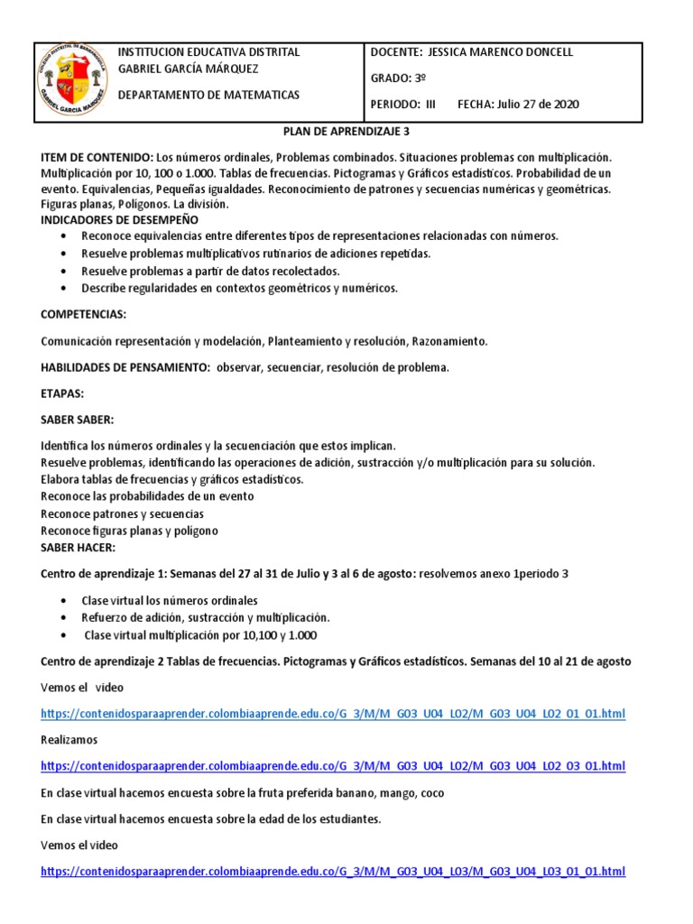 Plan de Aprendizaje Matematicas p3 | PDF | Geometría | Aprendizaje