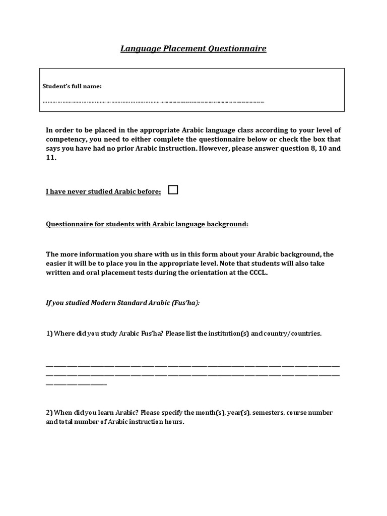 Arabic Language Placement Questionnaire | PDF | Arabic | Linguistics