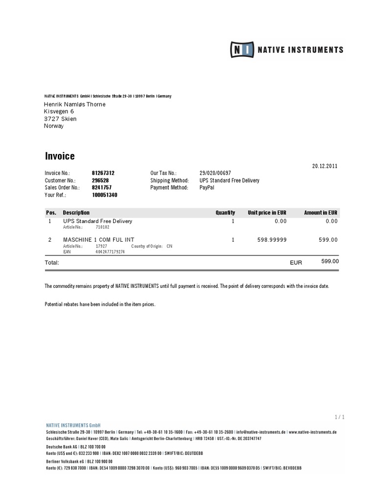 Norwegian Invoice for Music Lesson | PDF
