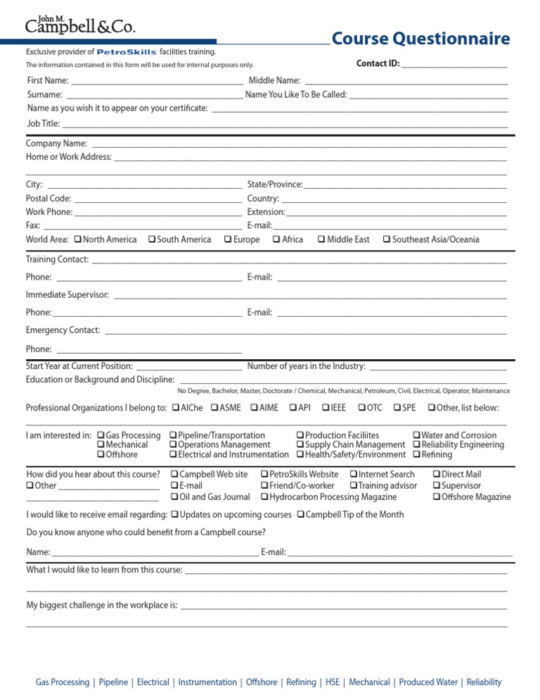 Course Questionnaire | PDF | Oil Refinery | Pipeline Transport