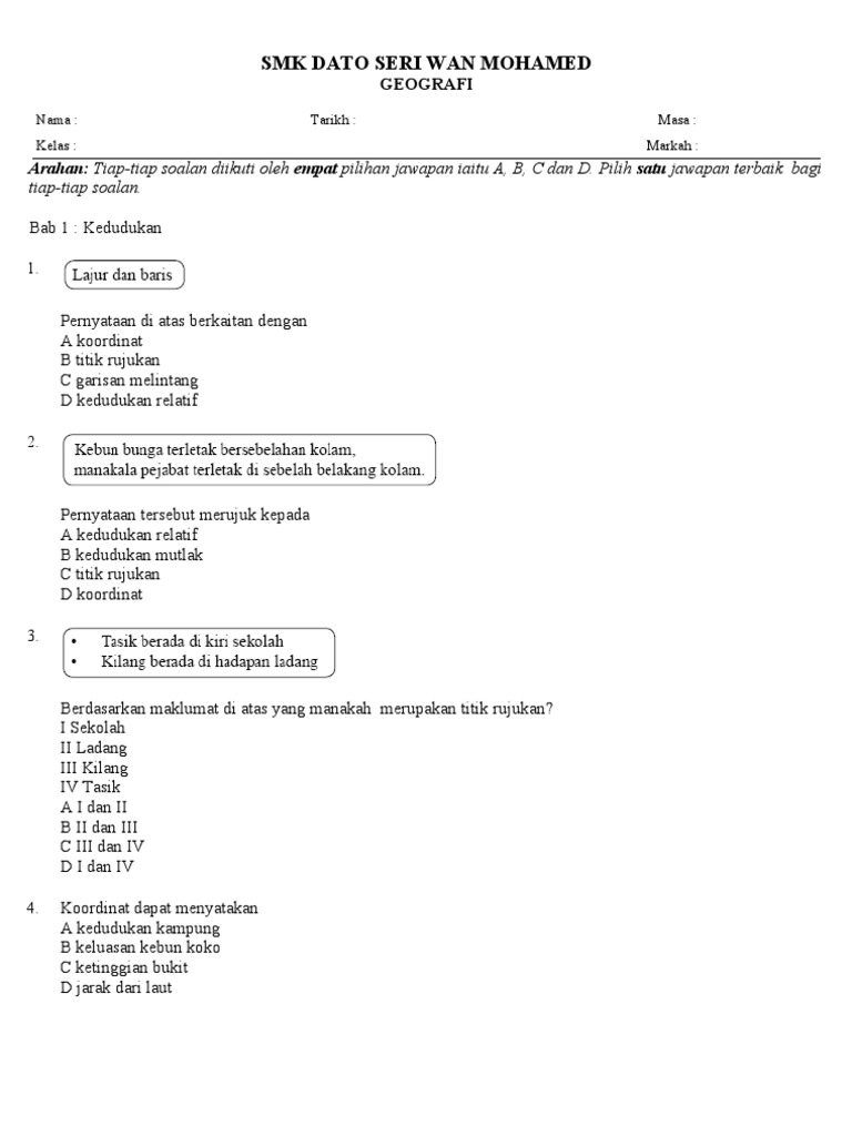 Latihan Geo Tingkatan 1: Bab 1 Kedudukan