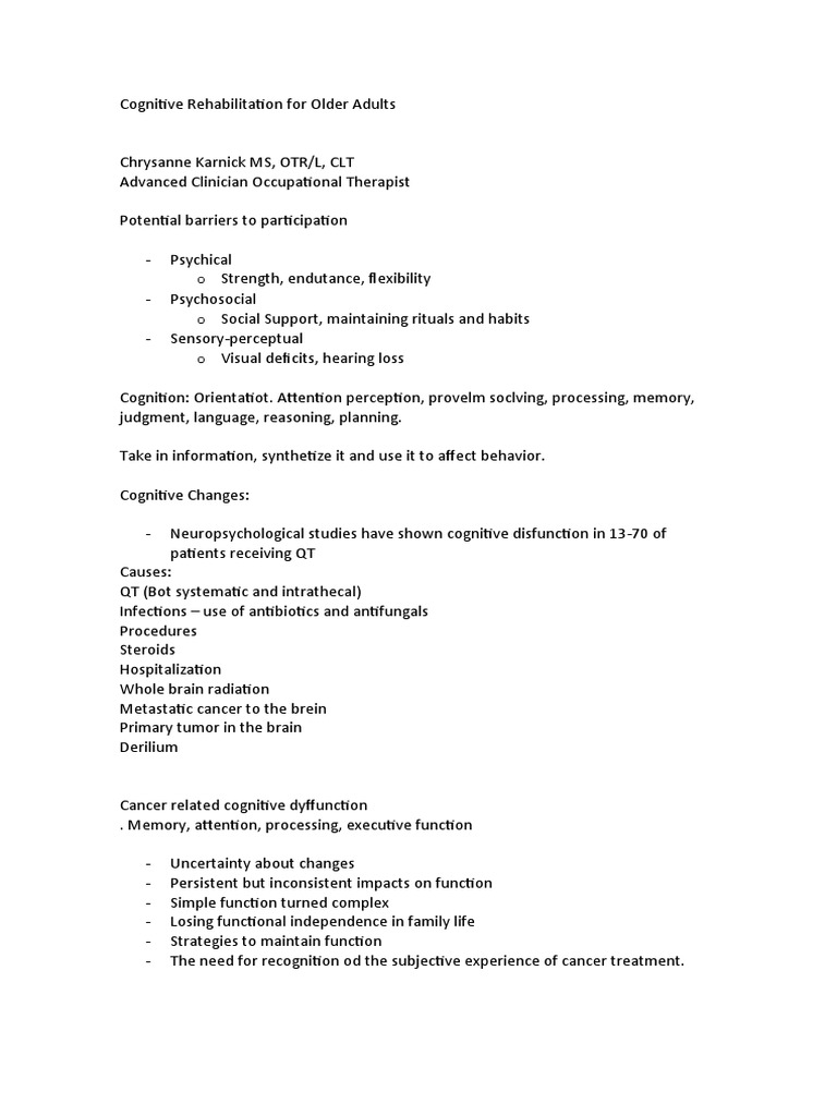 Cognitive Rehabilitation For Older Adults | PDF | Occupational Therapy ...