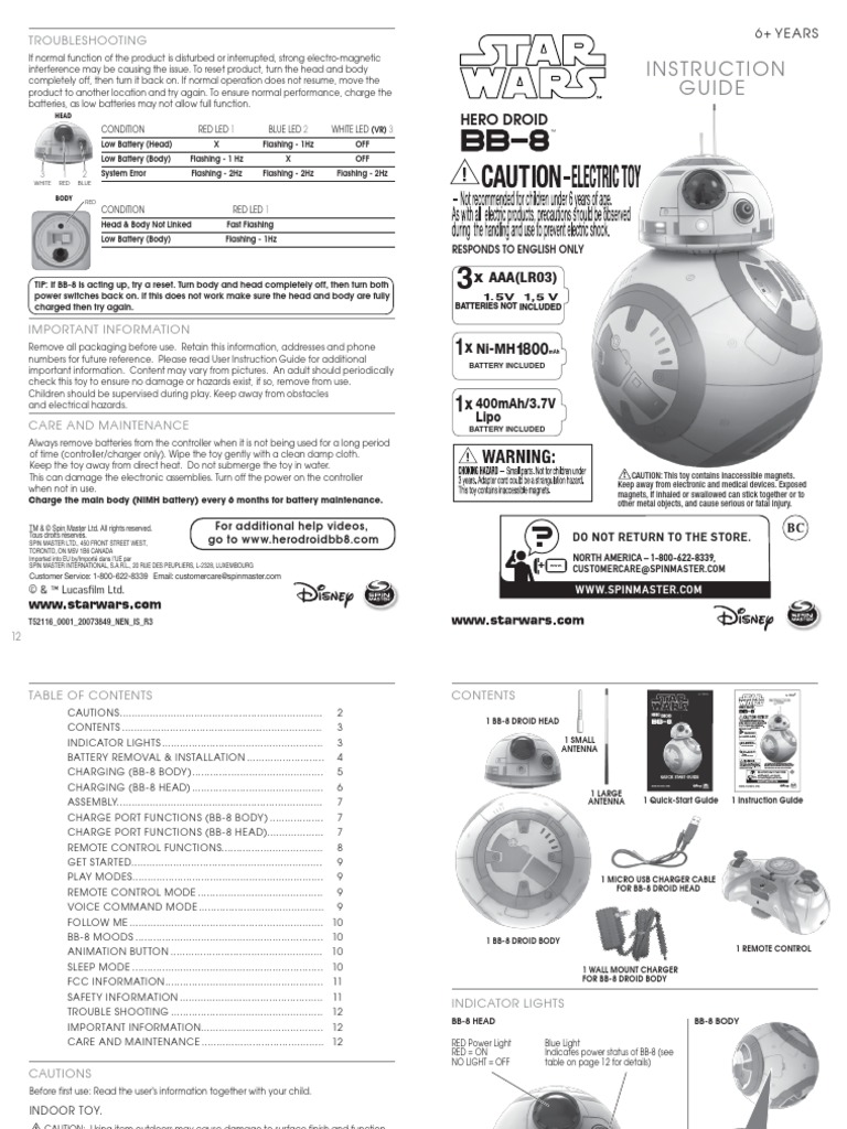 Hero Droid BB8 Instruction Manual PDF Rechargeable Battery Power Supply