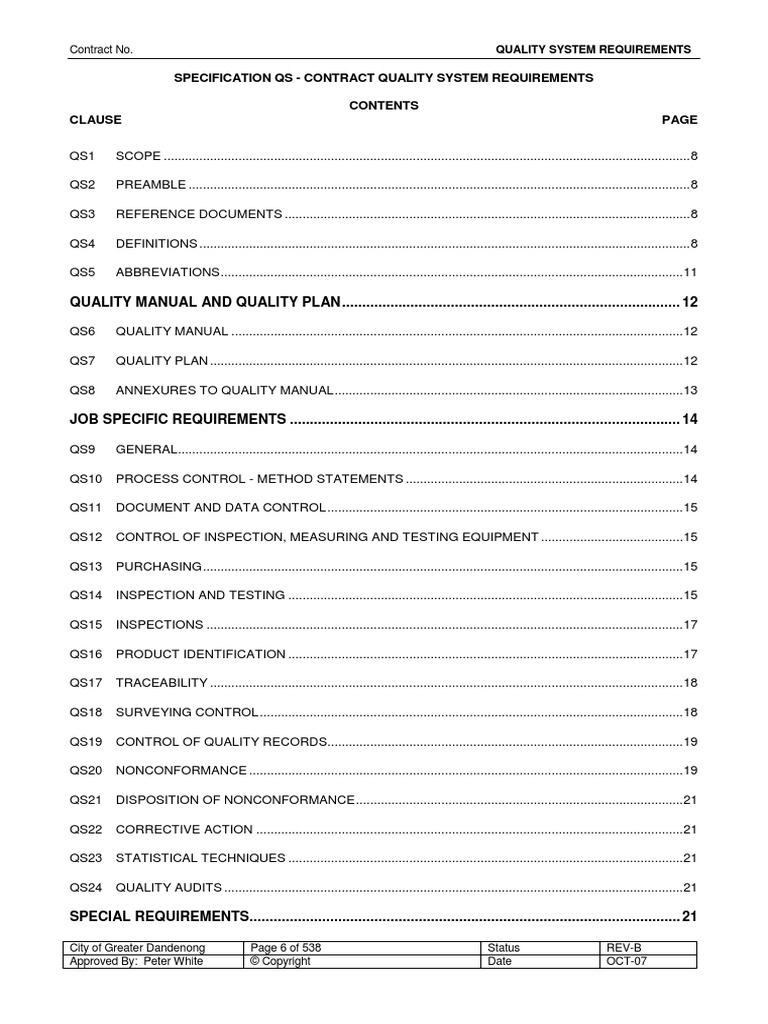 Specification Qs - Contract Quality System Requirements Clause | PDF ...