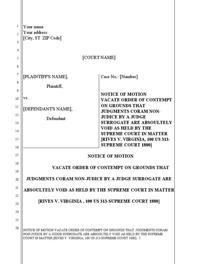 Motion To Vacate Contempt Order Coram NonJudice PDF Coram Nobis