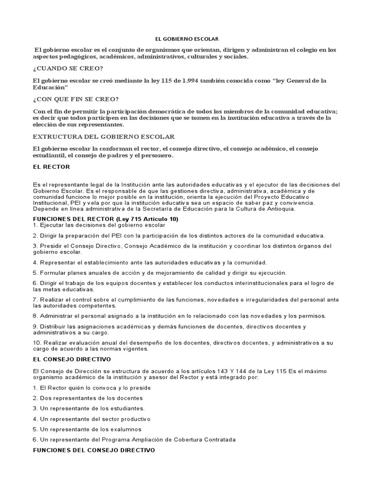 Estructura y Funciones del Gobierno Escolar | PDF | Plan de estudios ...