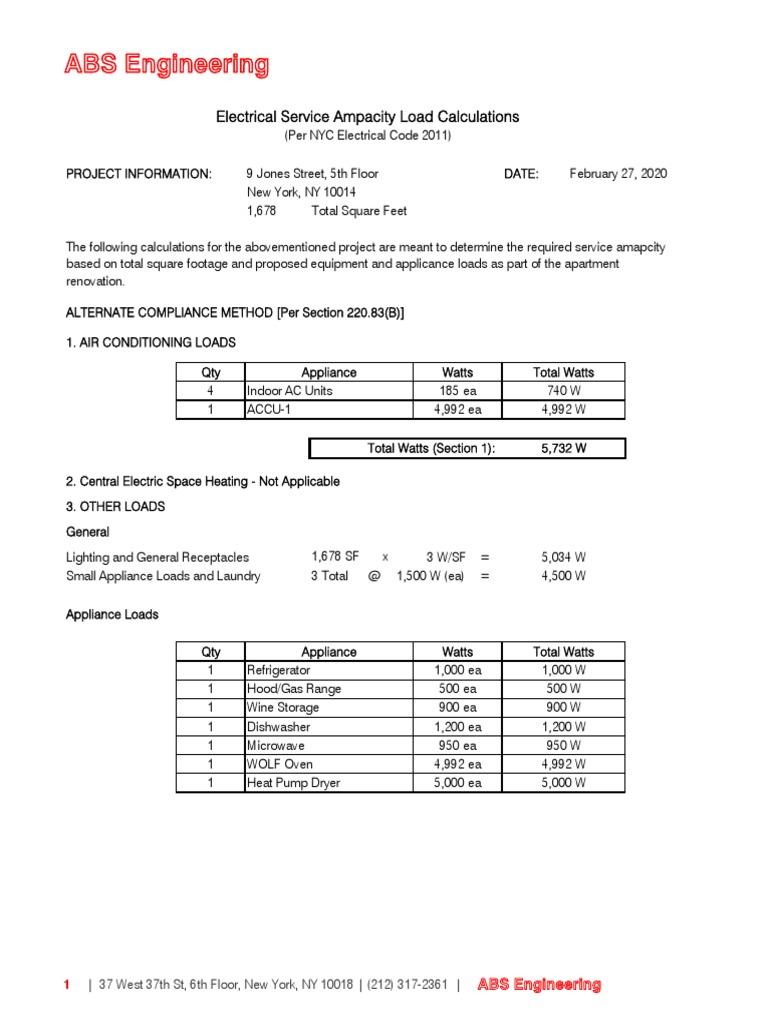 Electrical Load Calculation for 9 Jones St | PDF | Home Appliance | Watt