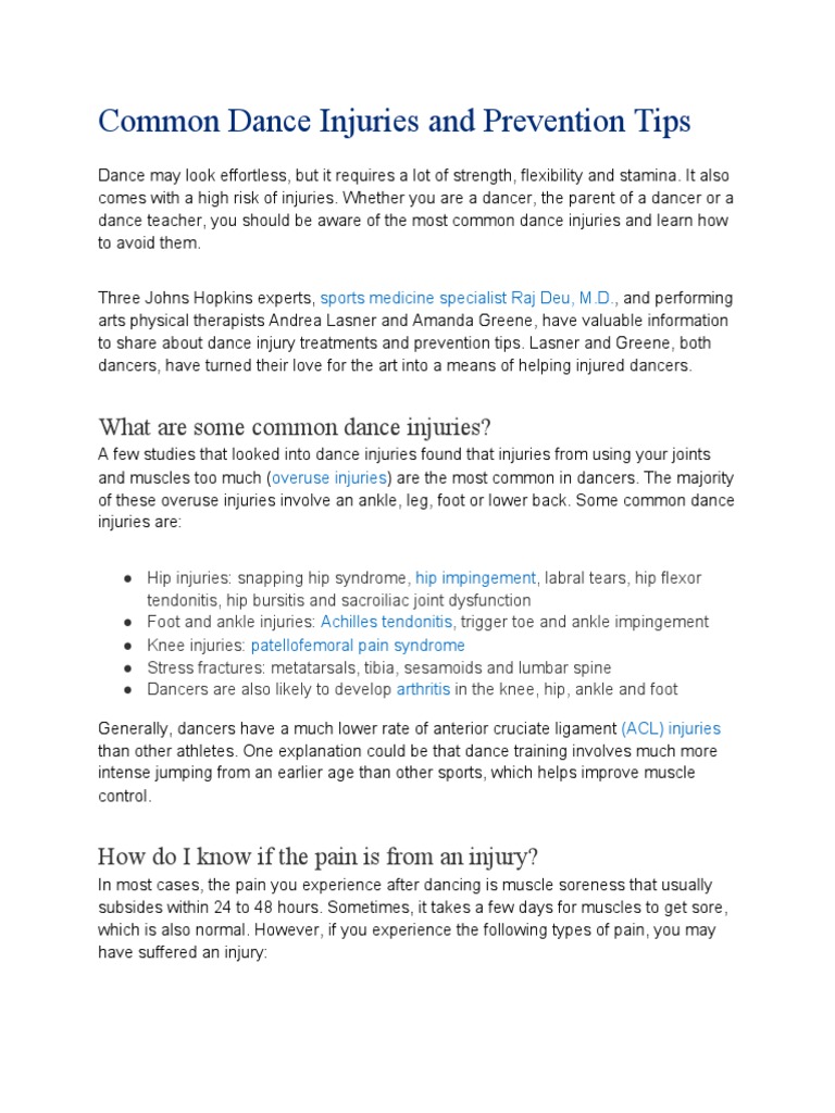 Common Dance Injuries and Prevention Tips PDF Ankle Knee