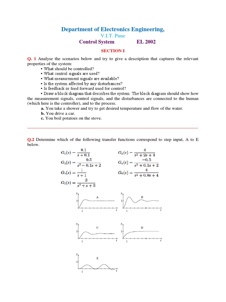 Department of Electronics Engineering, Control System EL 2002 PDF Control Theory
